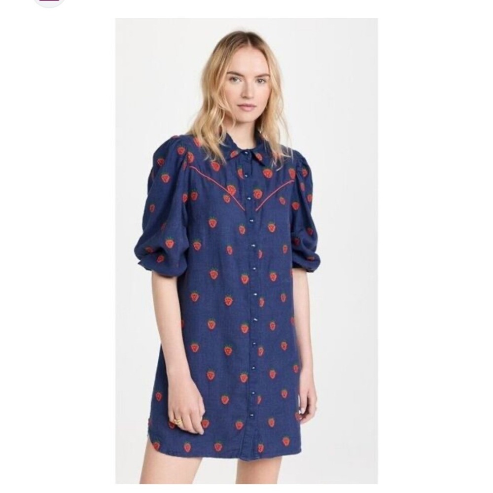 Farm Rio NWT Strawberry Embroidered Mini Dress SZ XS Navy‎ Blue Western Puff